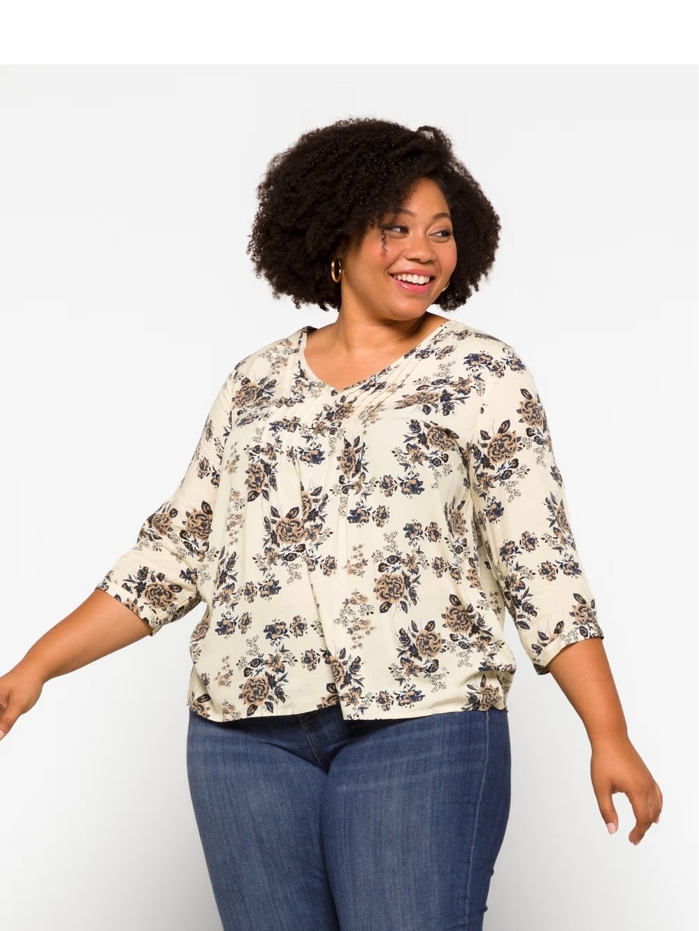 Fun 2 Fun Plus Size Cream Floral V-Neck Blouse